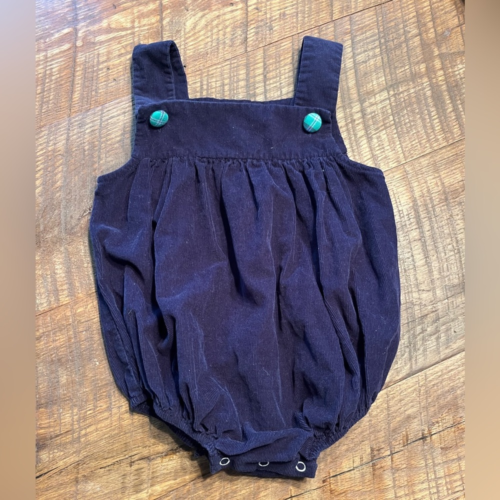 Navy Corduroy Baby Bubble Romper with Green Plaid Buttons